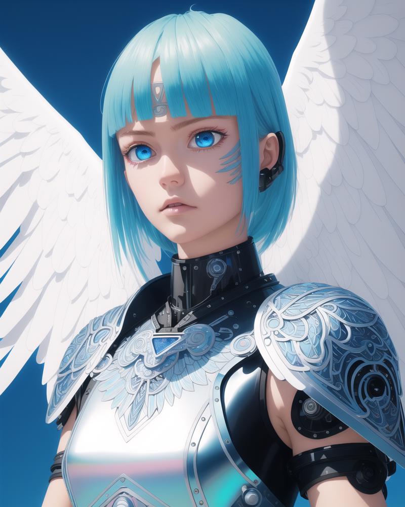 01745-2195614049-bangs! robot arms! hand drawn! by kai! blue lightning! angel wings, iridescent! closeup! light baby blue hair, cloud background,.png